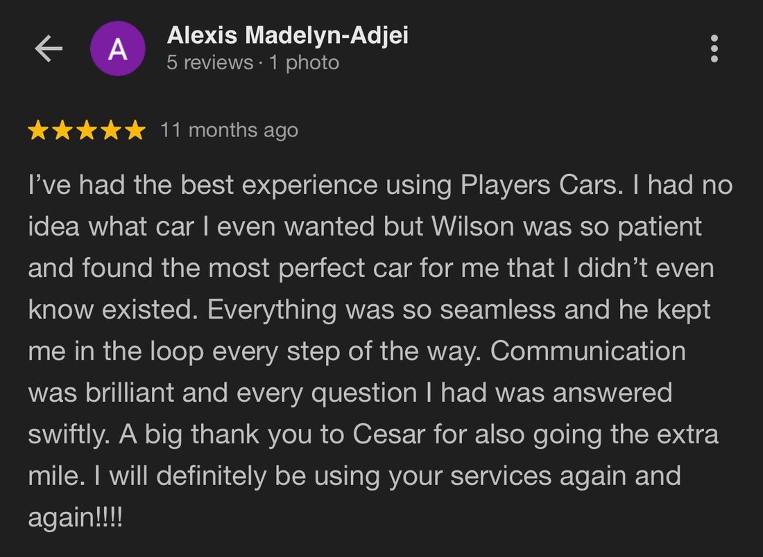 Five-star Google review from a Players Cars customer