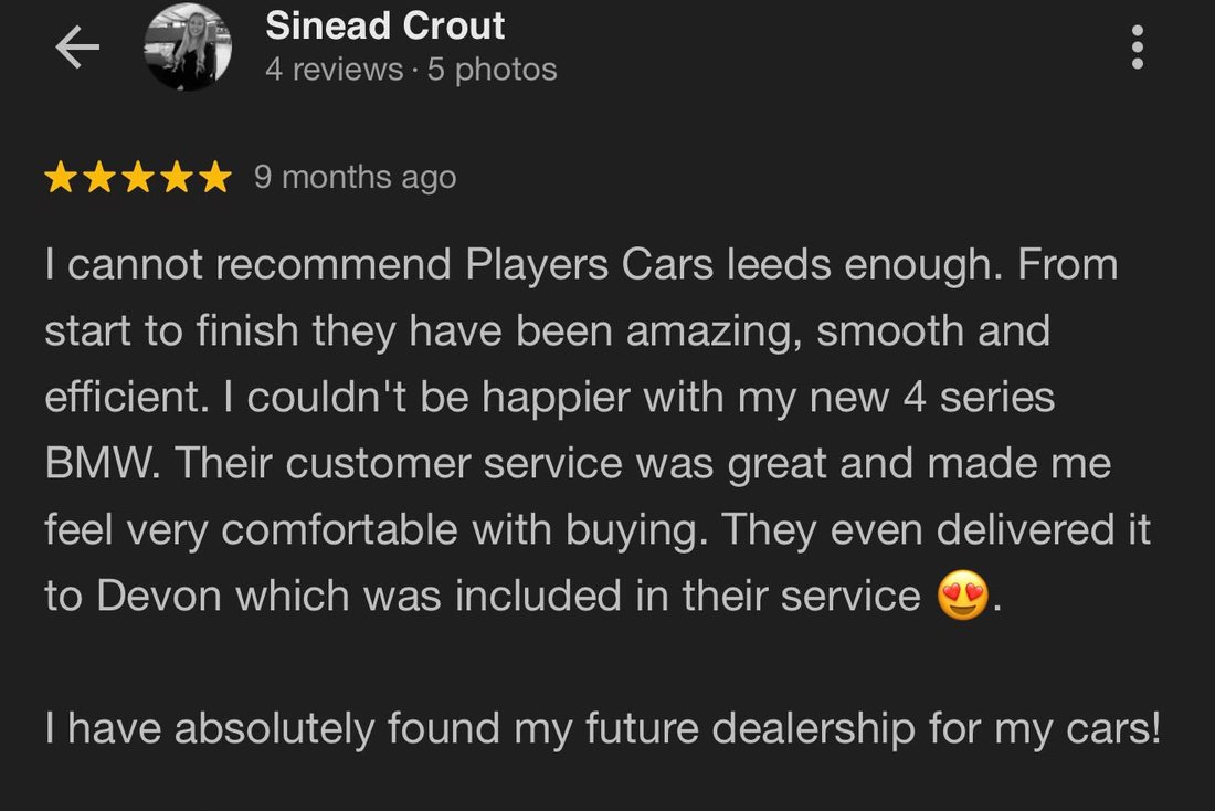 Five-star Google review from a Players Cars customer