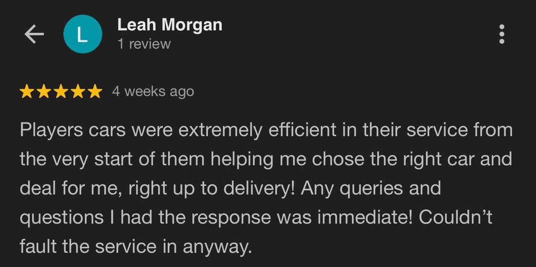 Five-star Google review from a Players Cars customer