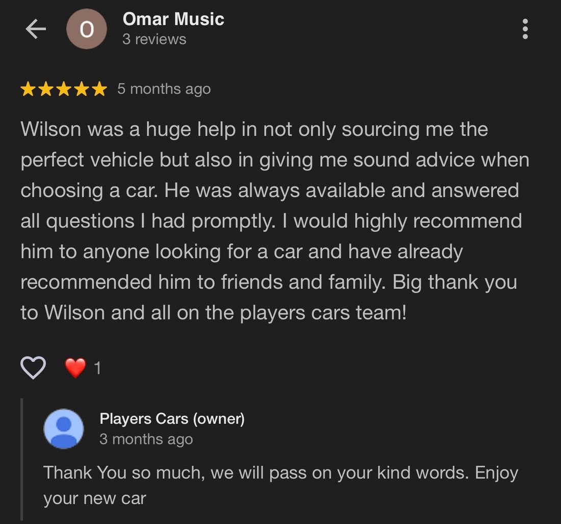Five-star Google review from a Players Cars customer